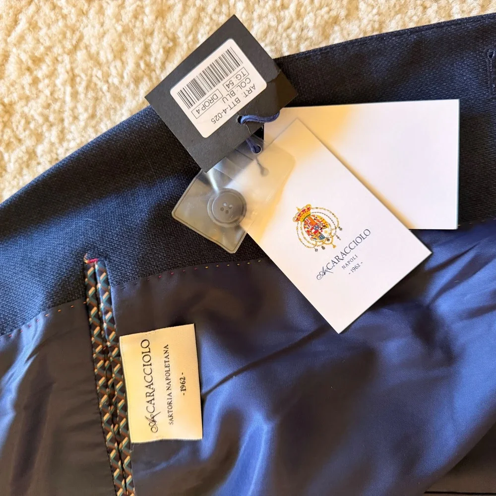 NWT A Caracciolo Sartoria Napoletana Mens Blue Blazer Jacket 54 IT Made in Italy